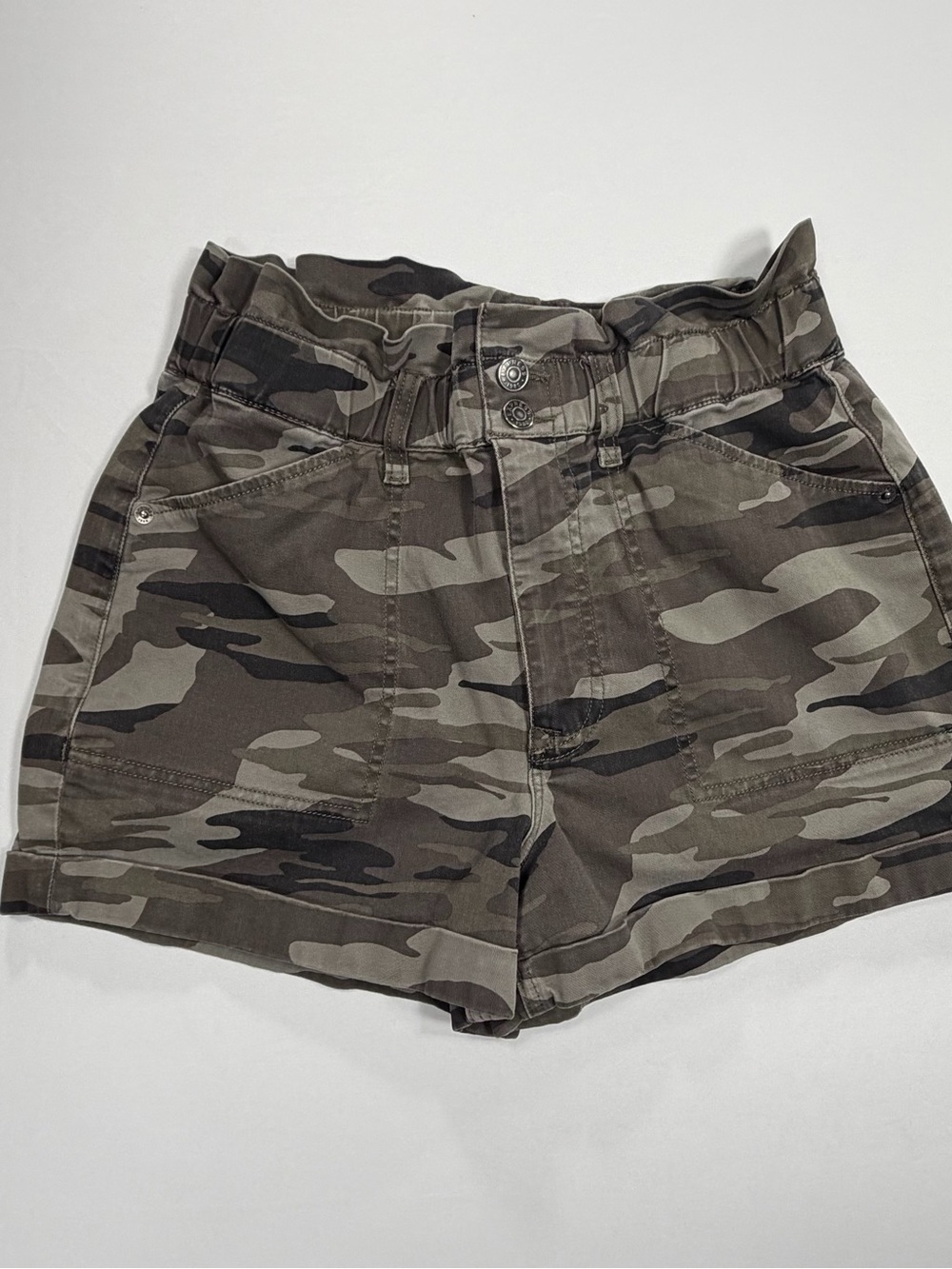 Express Shorts Camo Green Brown Women’s S/P Super High Rise Paperbag Y2K